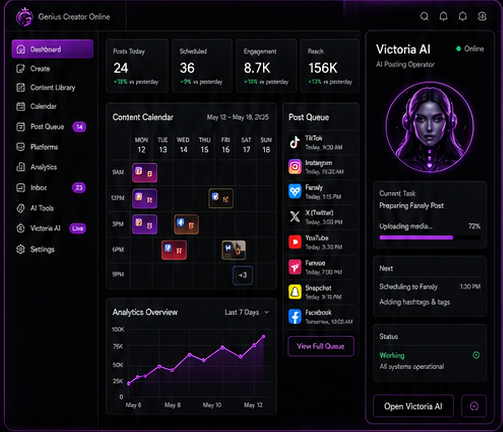 Genius Creator Online dashboard with Victoria AI posting operator