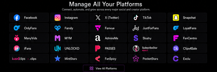 Manage all your platforms including Facebook, Instagram, X, TikTok, Snapchat, OnlyFans, Fansly, Fanvue, and more